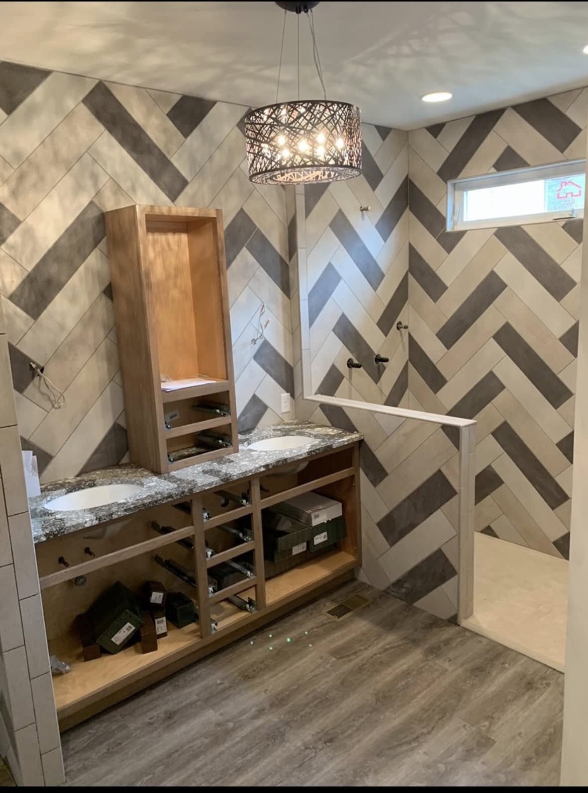 Herringbone tile master bathroom remodel Northwest Indiana