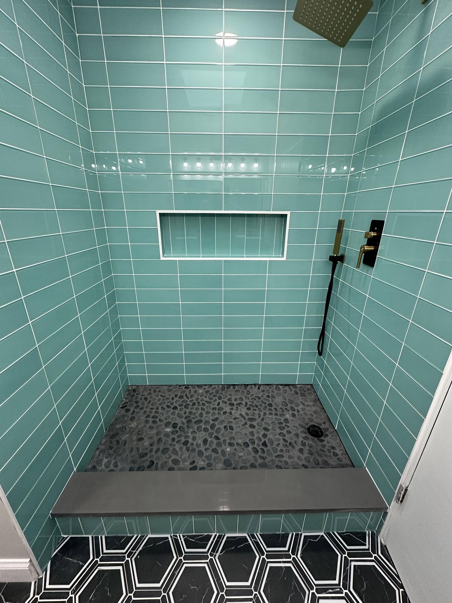 Custom teal tile walk-in shower remodel Northwest Indiana
